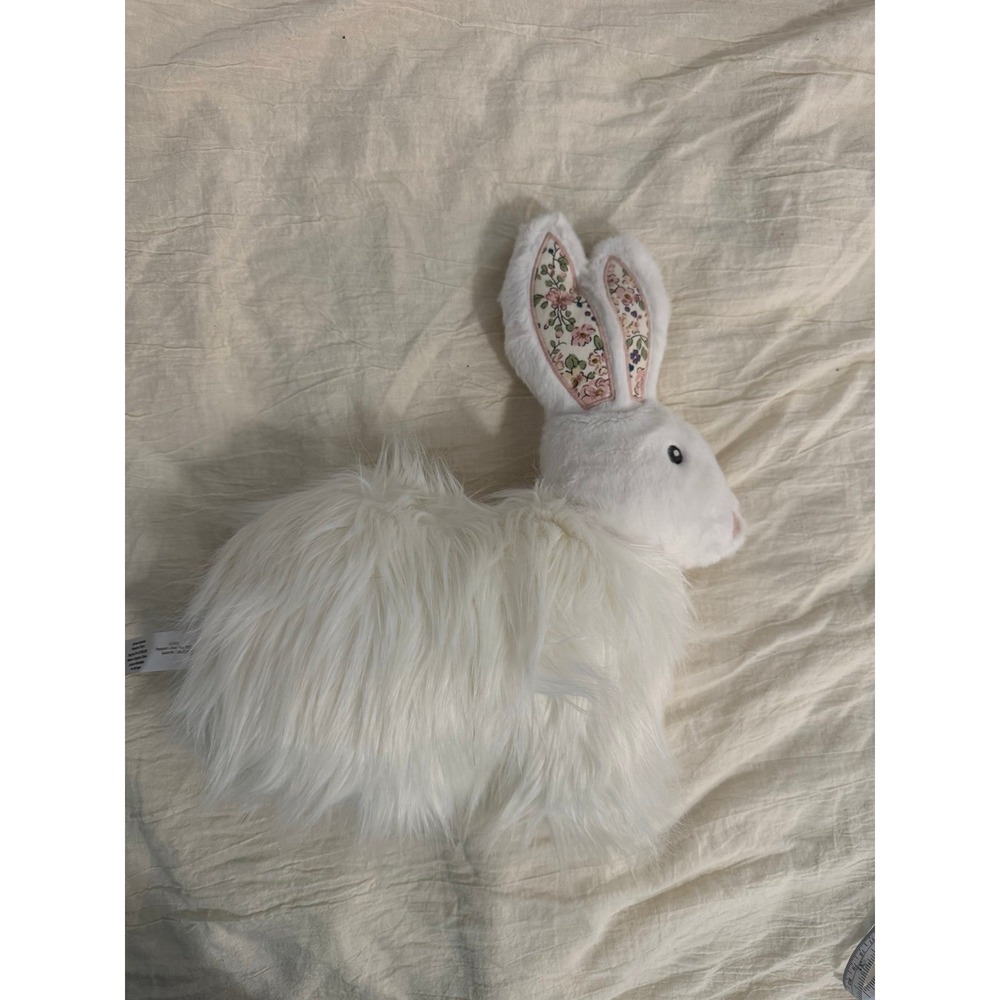 Mon Ami‎ fuzzy long hair white bunny plush with pink floral ear fabric